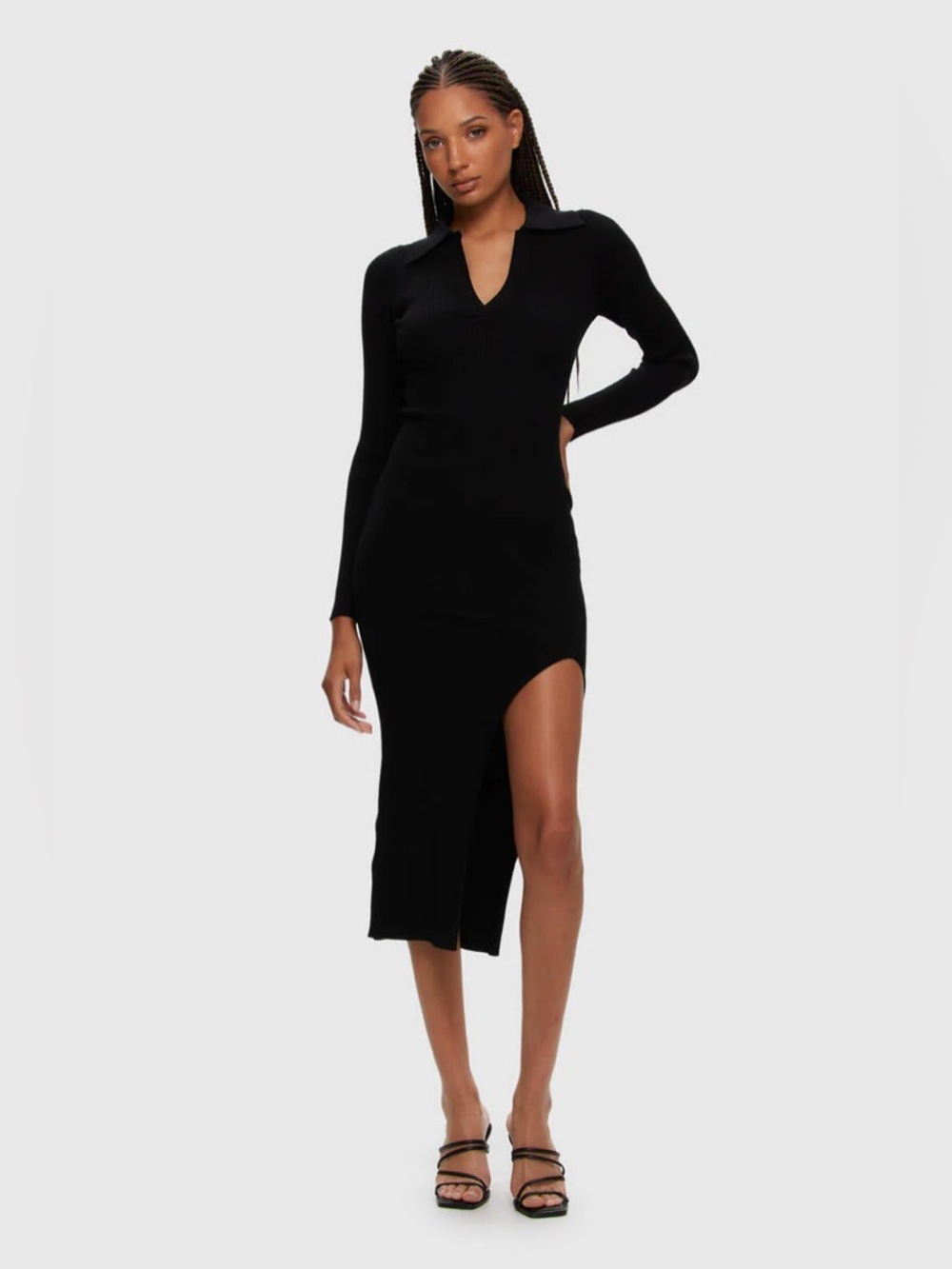 Kuwalla Ribbed Midi Dress Black Size L Collared Minimalist Chic Slit Bodycon